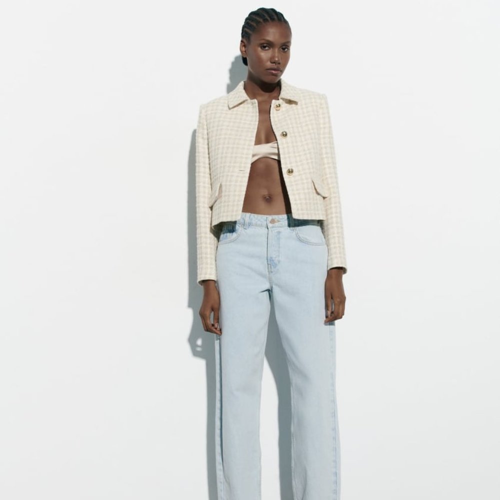 NWT Zara Cropped Checkered Blazer Medium - Gold Button Detail